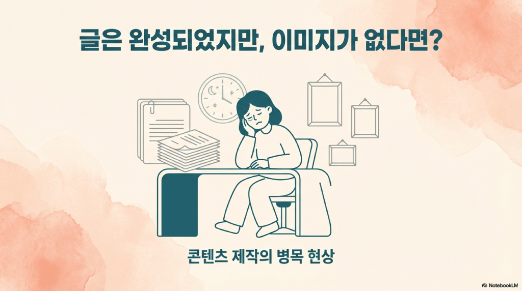 산더미처럼 쌓인 서류 앞에서 턱을 괴고 고민에 빠진 창작자, 콘텐츠 제작의 병목 현상과 시각 자료 부재의 고충 표현