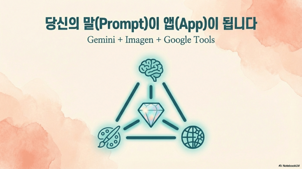 뇌(지능), 팔레트(예술), 네트워크(연결) 아이콘이 보석을 중심으로 연결된 삼각형 구조, 제미나이와 이마젠이 결합된 AI 앱 빌더 개념도