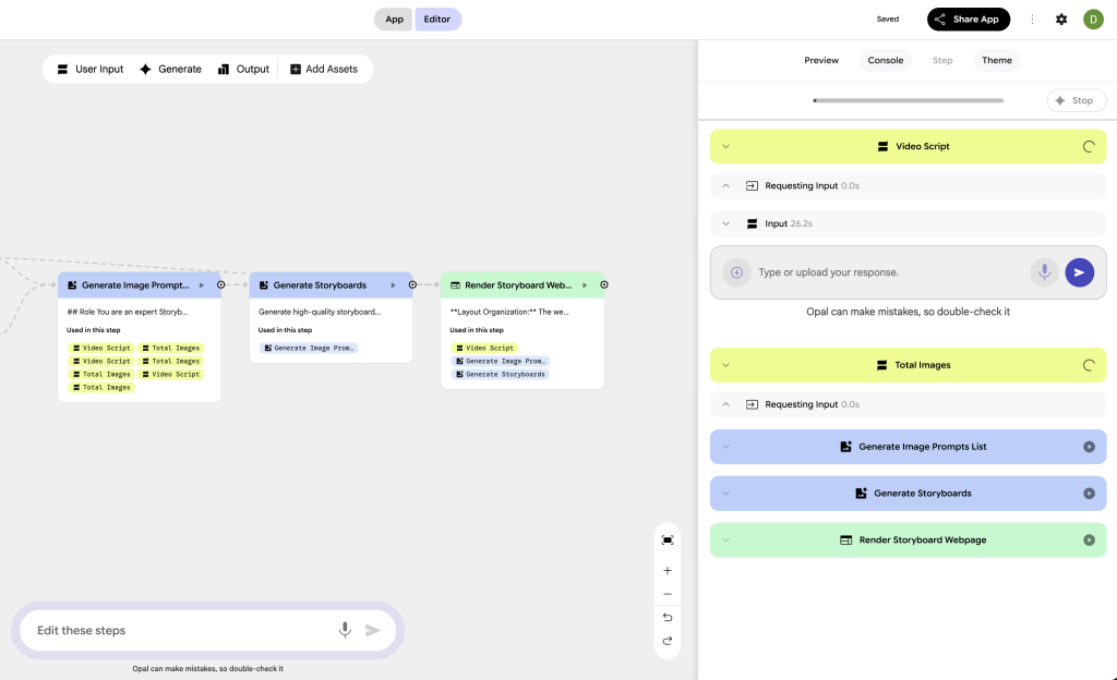 구글 오팔로 만든 AI 유튜브를 위한 워크플로우 동작 화면, 인풋과 generate, 아웃풋으로 구성되어 있음