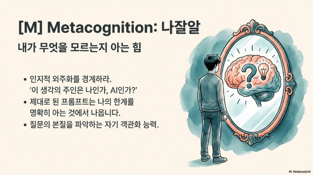거울 속에 비친 자신의 뇌 일러스트를 바라보며 자아 성찰하는 남성. AI에게 질문하기 전 자신의 한계를 명확히 알고 '이 생각의 주인은 누구인가'를 묻는 메타인지적 태도를 보여줌