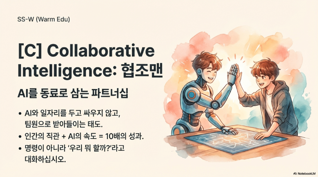 인간의 직관과 AI의 속도가 결합하여 $10t$ 배의 성과를 낸다는 수식과 함께 파트너십을 강조함. AI와 일자리를 두고 다투는 대신 지능형 팀원으로 받아들이며 협조하는 태도를 제시함