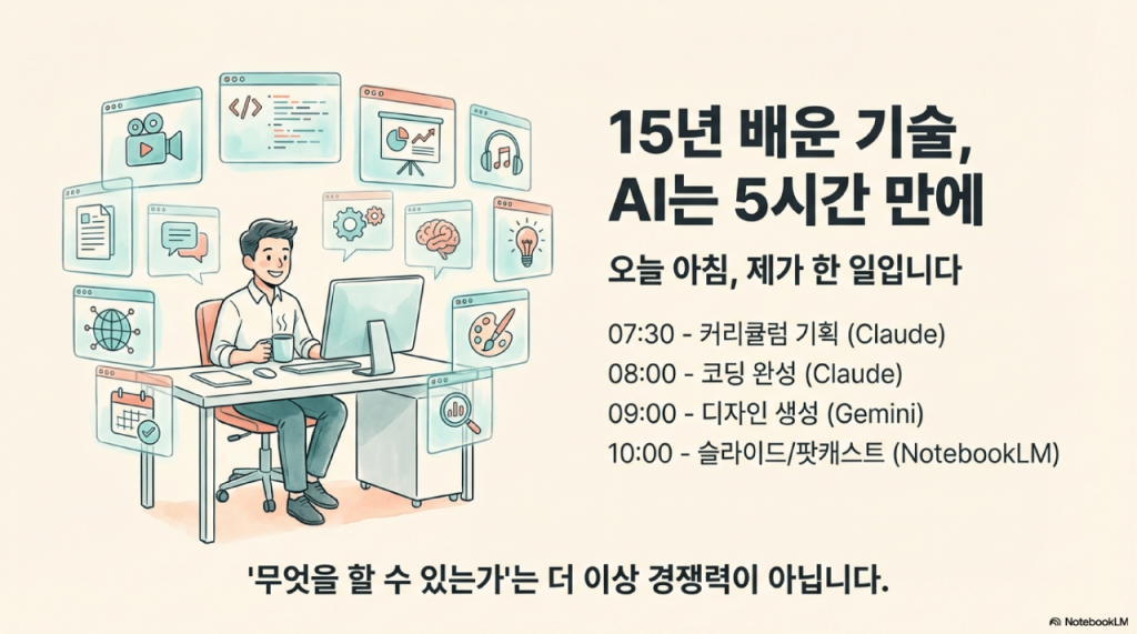 Claude, Gemini, NotebookLM 등 다양한 AI 도구를 지휘하며 업무를 처리하는 인재의 모습. 15년 걸리던 기술적 작업을 AI를 통해 단 몇 시간 만에 해결하는 현대적 워크플로우를 묘사하며 '무엇을 하는가'보다 지휘하는 역량이 중요함을 보여줌