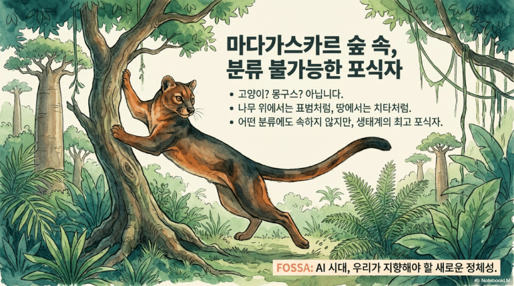 마다가스카르 숲속에서 표범과 치타의 특성을 모두 가진 분류 불가능한 포식자 포사(Fossa)를 소개함. 어떤 틀에도 갇히지 않고 생태계 최고 위치를 차지하는 포사를 통해 AI 시대 지향해야 할 새로운 인재상을 제시함
