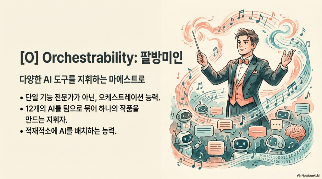 오케스트라 지휘자가 여러 대의 로봇 AI 비서들을 지휘하는 장면. 단일 기능을 수행하는 전문가를 넘어 12개의 AI를 팀으로 묶어 하나의 작품을 완성하는 마에스트로로서의 역량을 시각화함