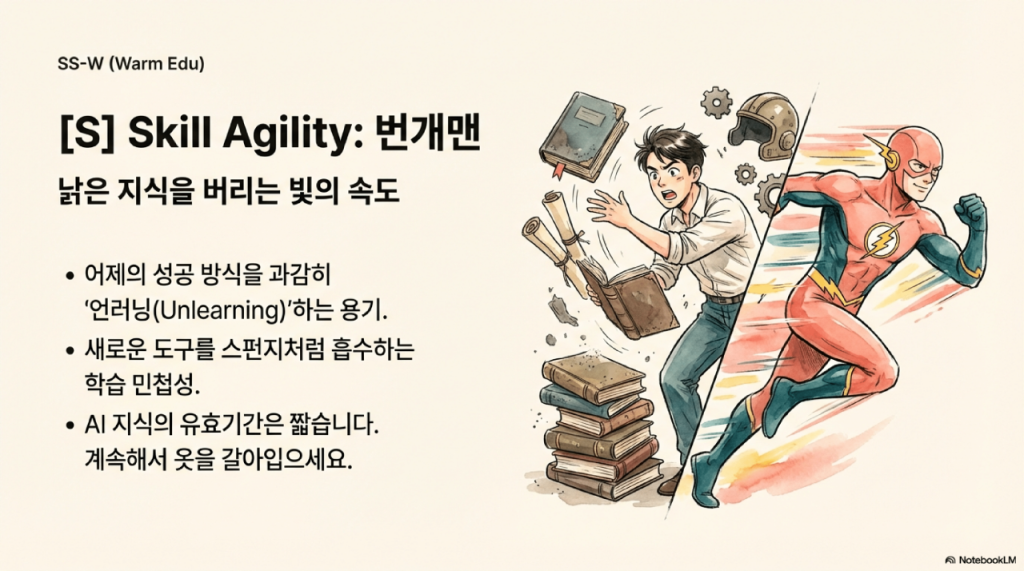 낡은 지식을 상징하는 고서들을 뒤로하고 번개처럼 빠르게 달려나가는 히어로 일러스트. 어제의 성공 방식을 과감히 '언러닝(Unlearning)'하고 새로운 기술을 스펀지처럼 흡수하는 학습 민첩성을 강조함