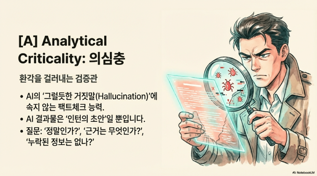 탐정 복장의 남성이 돋보기를 들고 AI가 작성한 문서 속의 환각(Hallucination) 현상을 검증하는 모습. AI 결과물을 인턴의 초안으로 간주하고 팩트체크와 근거를 따지는 날카로운 분석력을 상징함